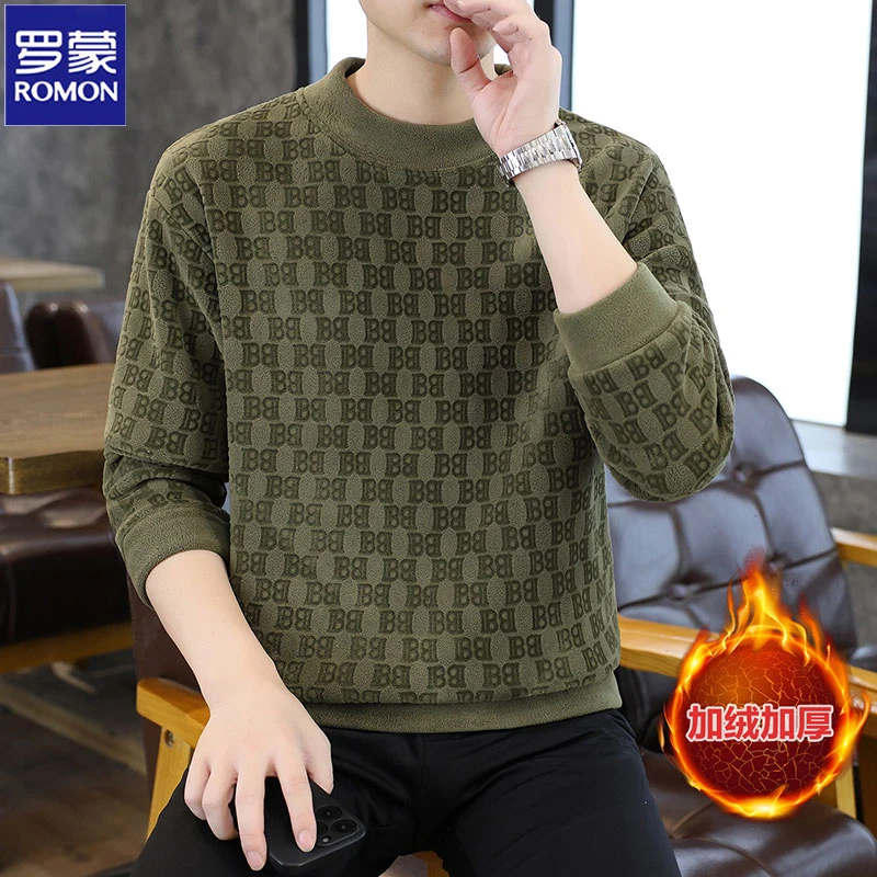 罗蒙长袖套头秋冬季新款圆领卫衣男加绒加厚保暖潮流休闲上衣