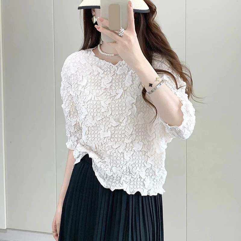 褶皱上衣女2025年三宅风提花宽松版气质T恤春秋百搭大码显瘦T恤