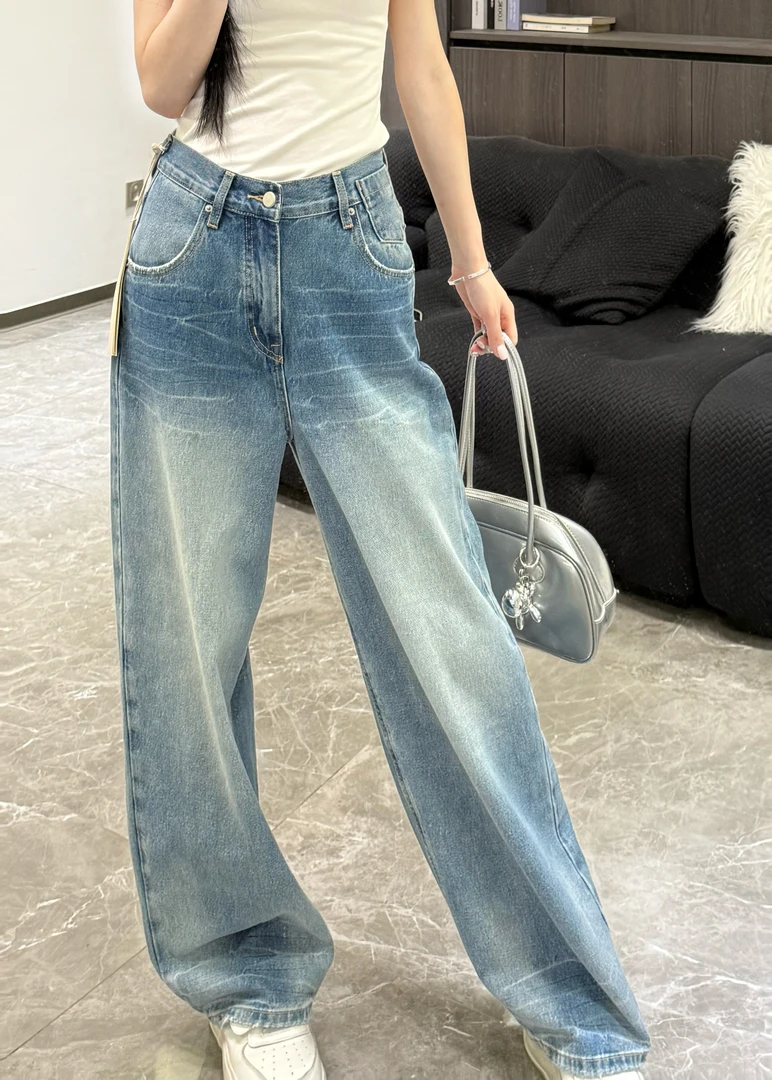 显瘦牛仔裤常规水洗中腰阔腿裤小个子高腰