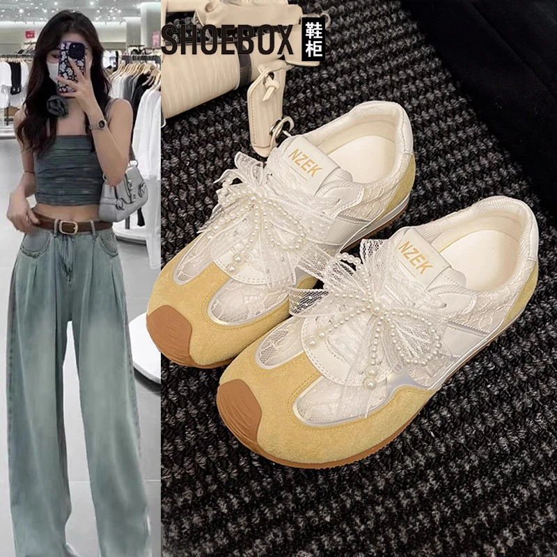SHOEBOX鞋柜蕾丝珍珠德训鞋女网面透气2025夏新款运动平底阿甘鞋