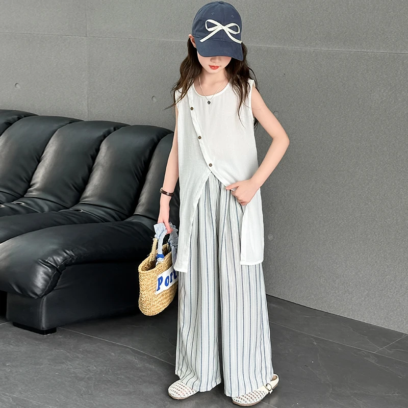 女童夏季开叉背心条纹休闲裤套装2025新款儿童洋气无袖上衣阔腿裤