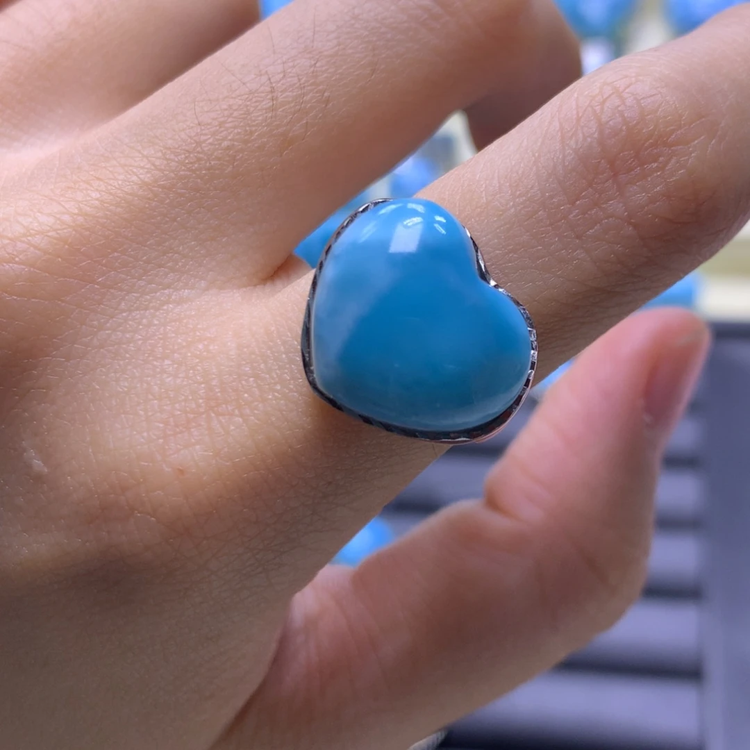 针钠钙石（海纹石）银S925镶嵌戒指爱心戒指色差略异