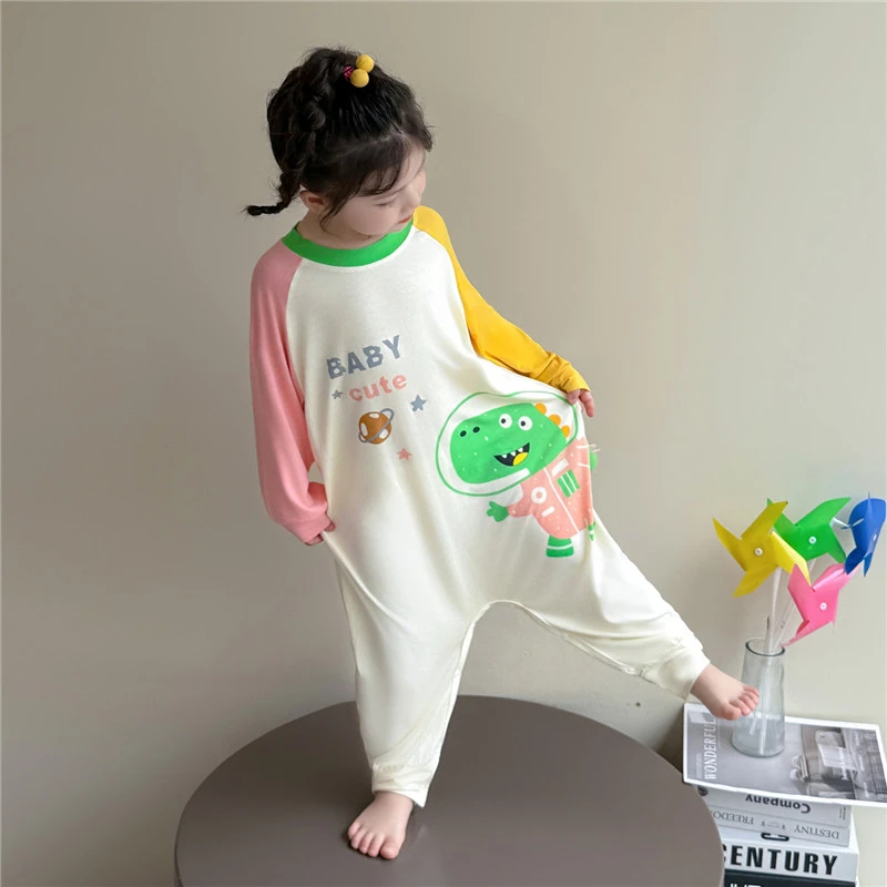 女童连体睡衣夏季莫代尔长袖薄款儿童空调服春秋女孩婴儿宝宝睡袋