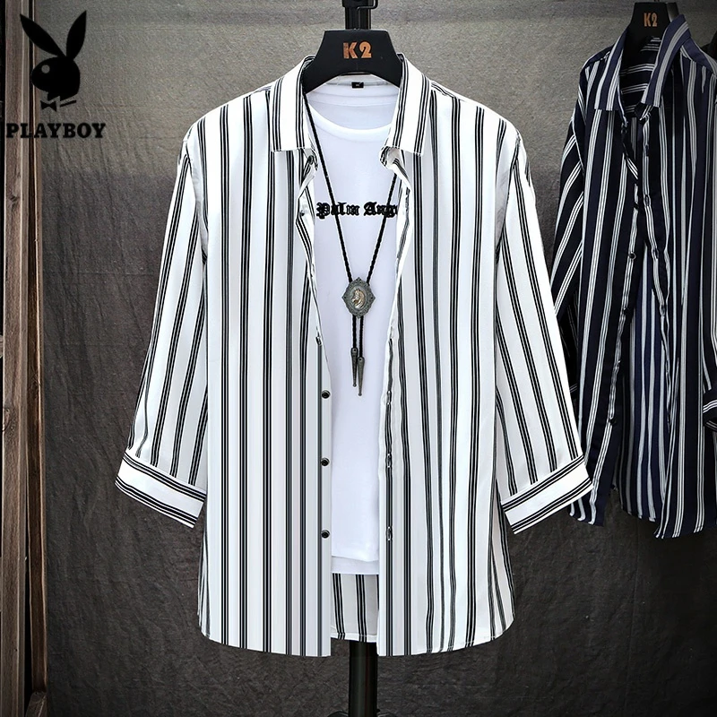花花公子潮牌高级感条纹冰丝衬衫男夏季宽松休闲中袖衬衣潮流短袖