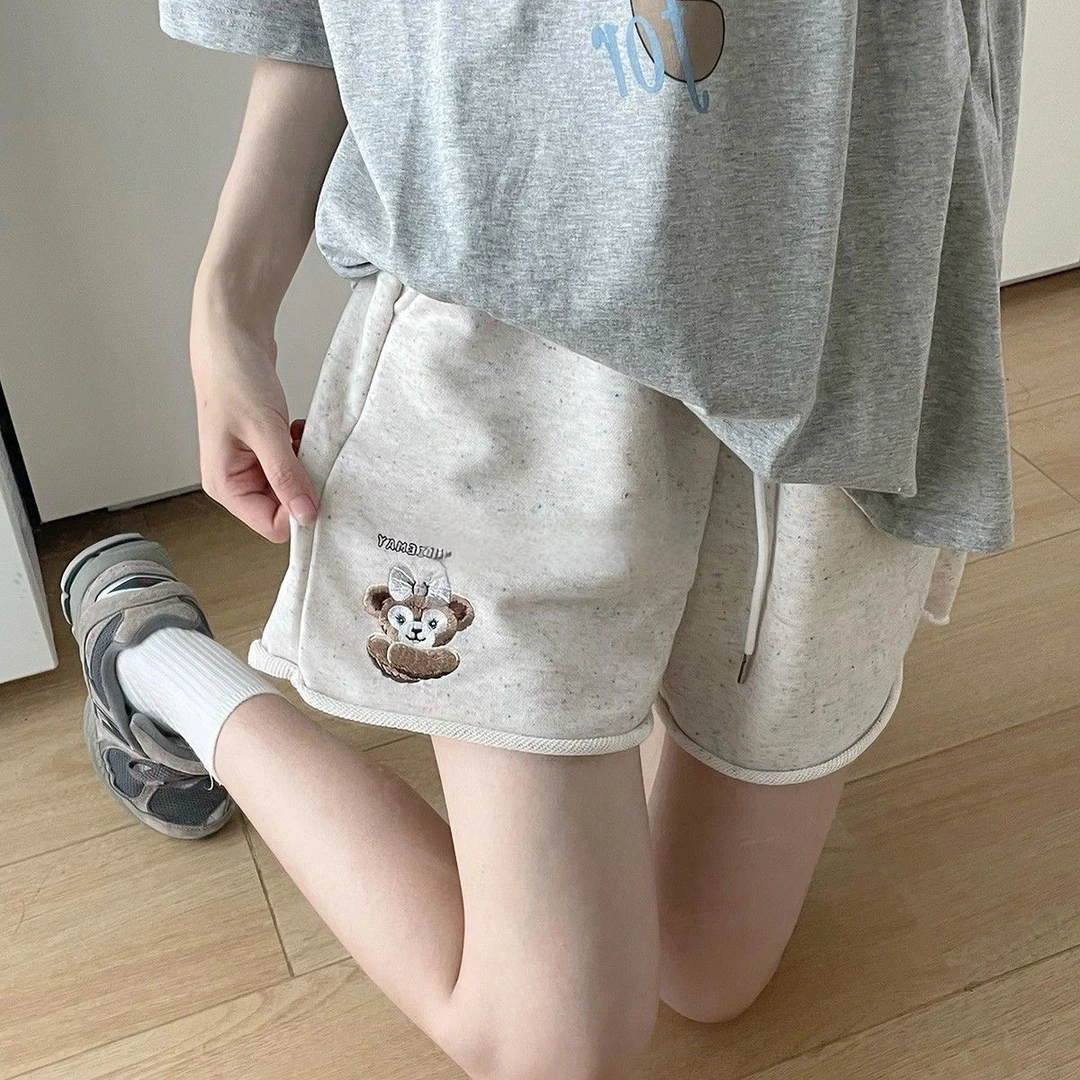 彩棉点点可爱刺绣休闲短裤女宽松显瘦阔腿五分运动裤夏学生韩版