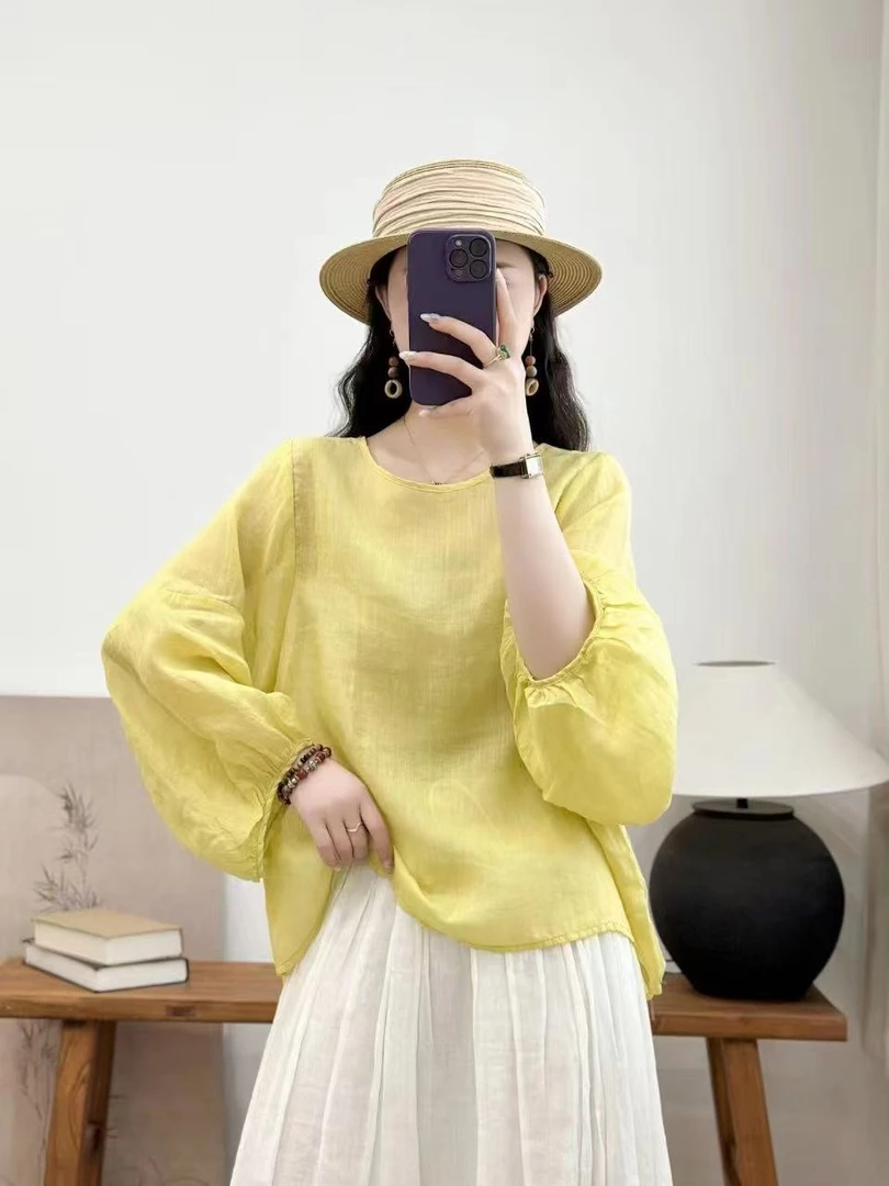 夏季圆领灯笼袖纯色宽松显瘦苎麻长袖衬衫