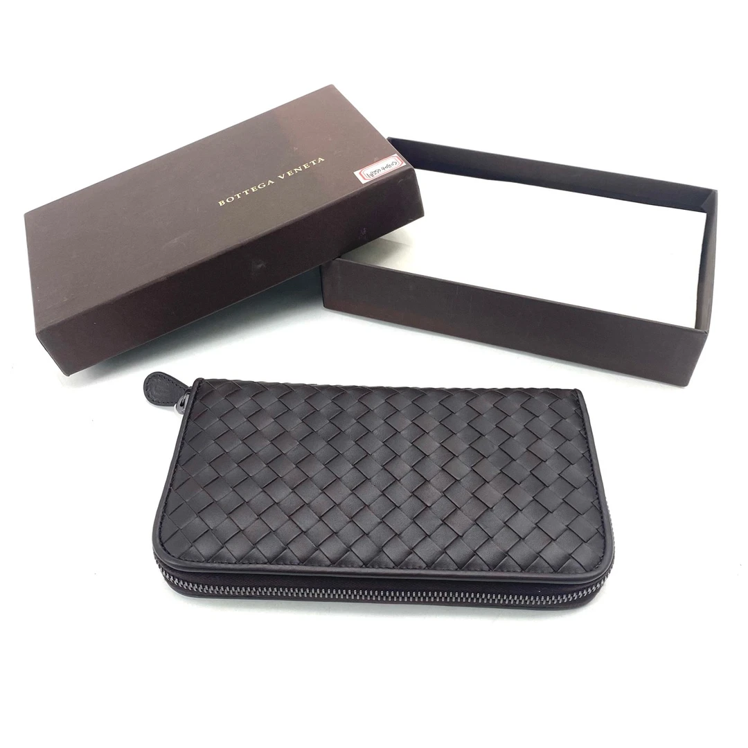 99新 BOTTEGA VENETA/葆蝶家 棕色编织拉链钱包 尺19/10 男士时尚