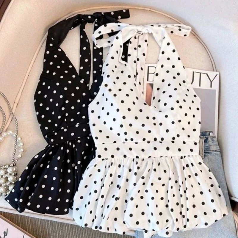 2025新款小众波点印花挂脖吊带背心女夏季甜妹风收腰蓬蓬花苞上衣