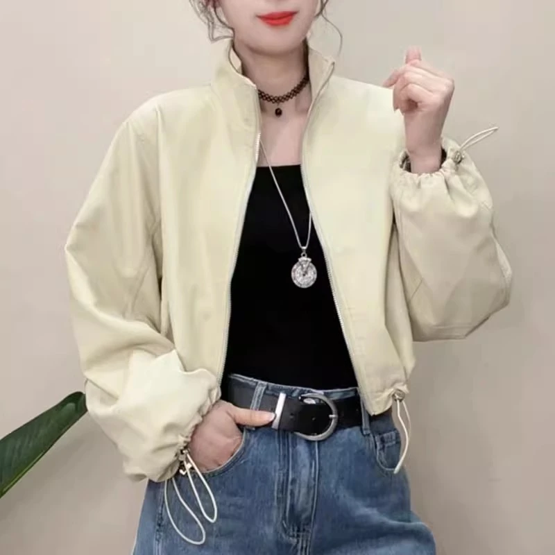 皮衣外套女2025春季新款韩版休闲立领夹克抽绳宽松百搭上衣