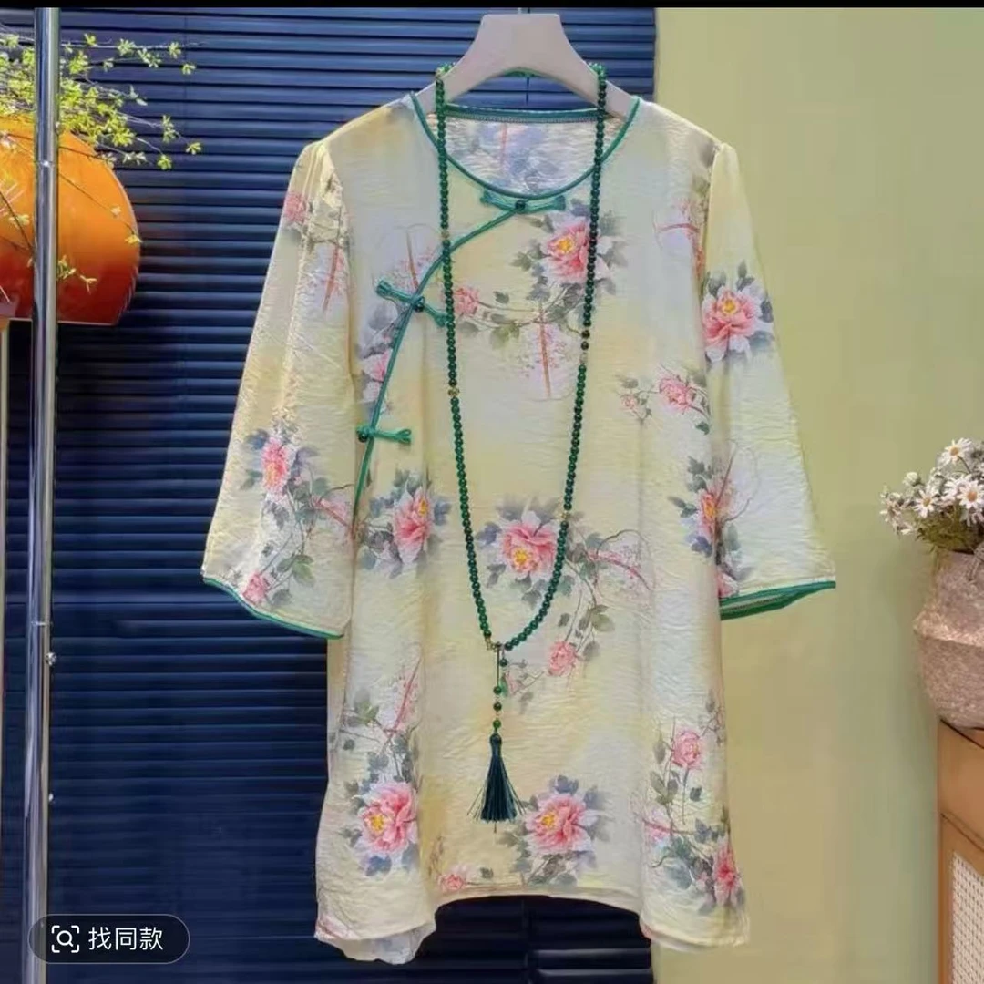 胖胖家*25059新款国风盘扣圆领百搭显瘦大版上衣