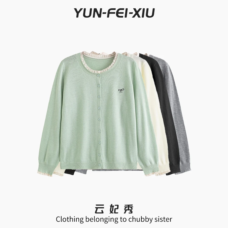 云妃秀大码女装针织衫圆领拼接花边宽松显瘦遮肉胖妹妹秋季23120