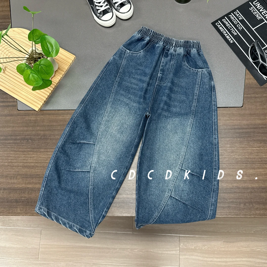 川度25882韩版秋季弯刀裤设计款褶皱水洗男女童牛仔裤秋装长裤子