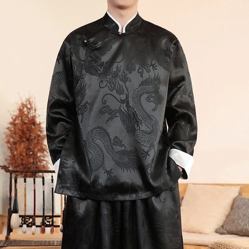 中华立领唐装春季新中式国风斜襟汉服复古缎面龙纹提花中山装外套