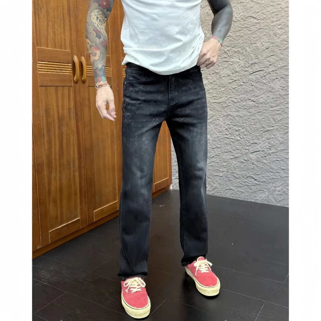 2025秋冬新款时尚印花牛仔裤休闲百搭黑灰色男士直筒长裤宽松复古