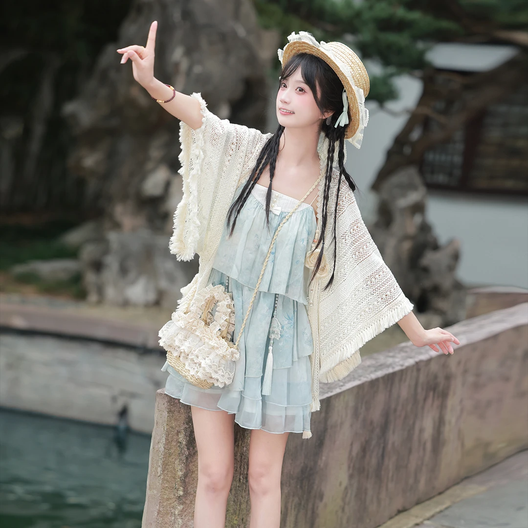 观南桥【海盐少女】原创汉服女中国风改良汉元素披肩吊带裙套装7131