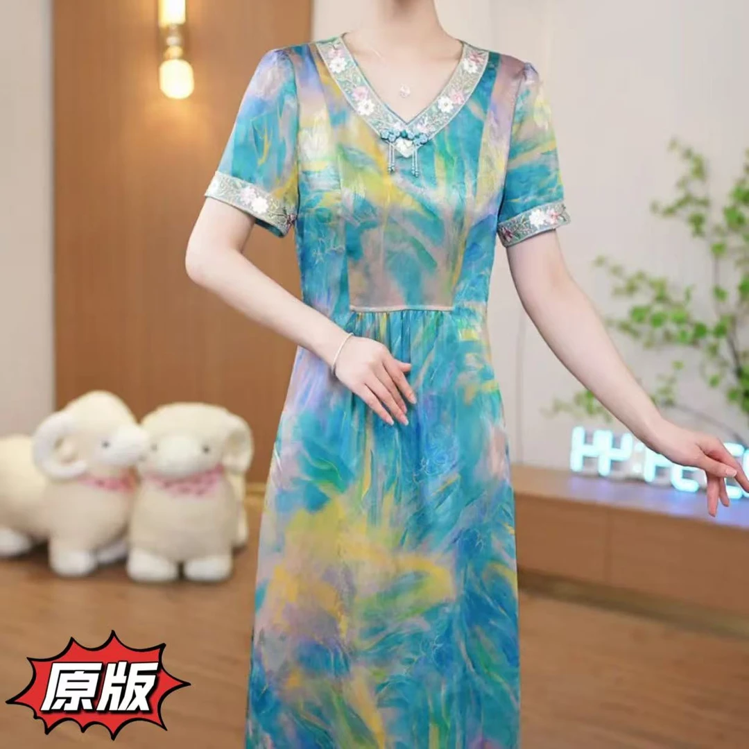 高档冰竹丝时尚新中式连衣裙2025夏季新款显瘦遮肉洋气减龄礼服裙