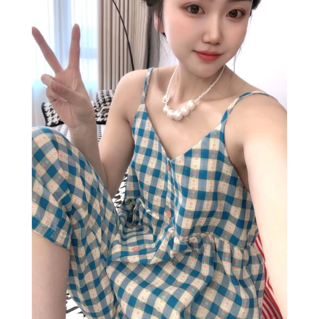 2025年网红夏季新款睡衣套装女蓝格子吊带睡衣宽松甜美外穿家