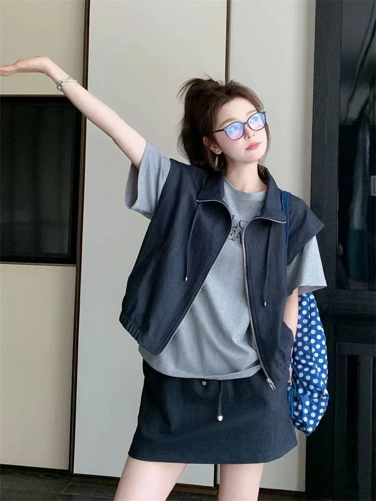 港风休闲工装马甲短裙套装女夏2025新款小个子减龄爆款时尚三件套