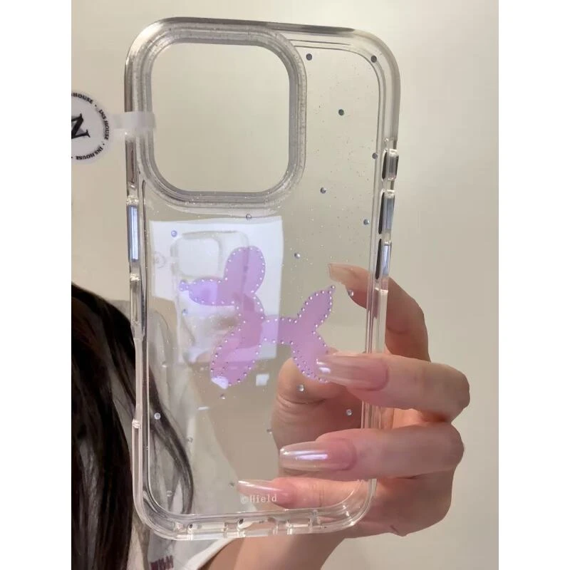 简约透明底点钻粉色气球小狗适用iphone17promax苹果16手机壳新款
