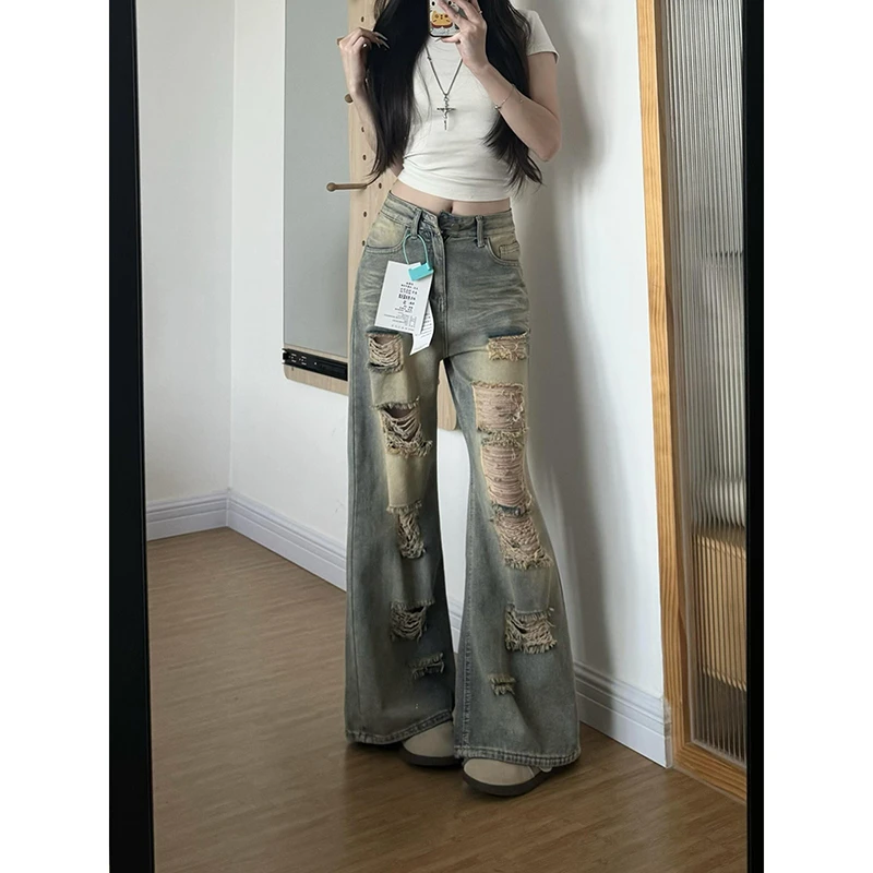 美式炸街痞帅做旧水洗破洞牛仔裤女夏季新款辣妹宽松显瘦阔腿裤子