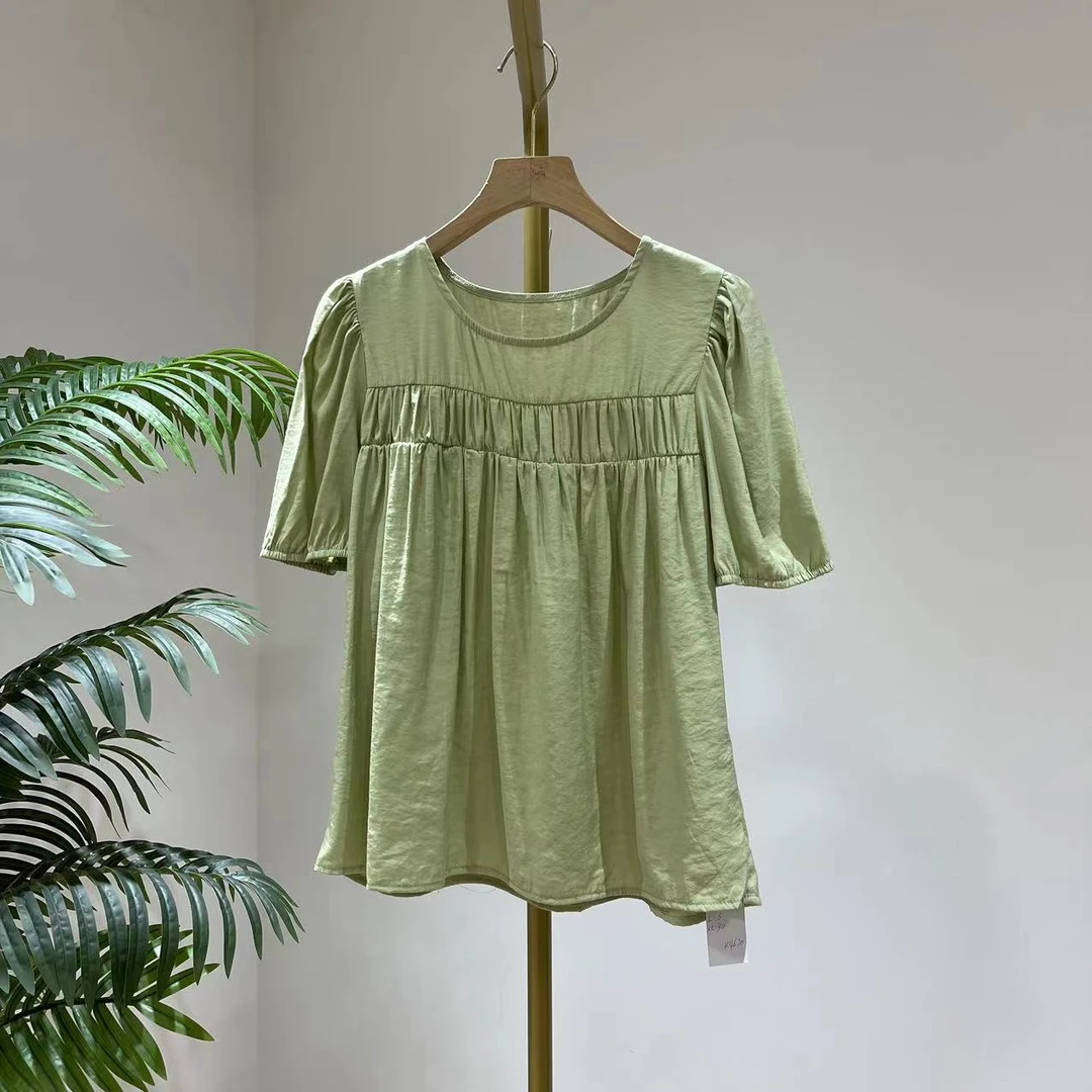 K4670法式衬衫韩国东大门在逃公主浪漫小衫淡绿褶皱泡泡袖夏