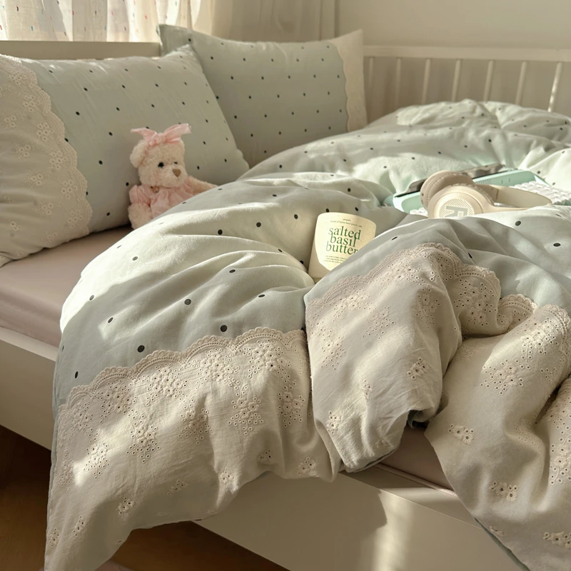 懂生活 法式小清新蕾丝边春夏款水洗棉被套四件套双人床单床笠式