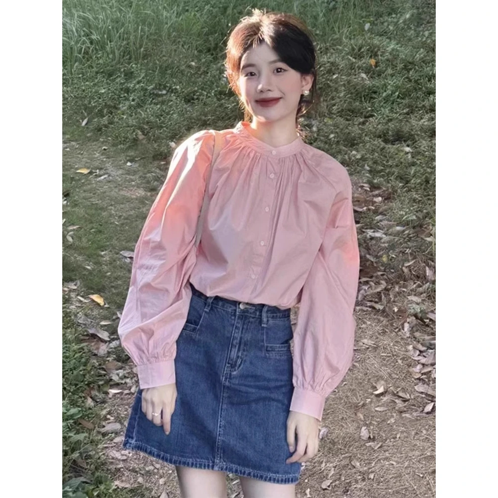 粉色圆领宽松长袖衬衫女2025春秋新款显瘦气质温柔风百搭上衣衬衣