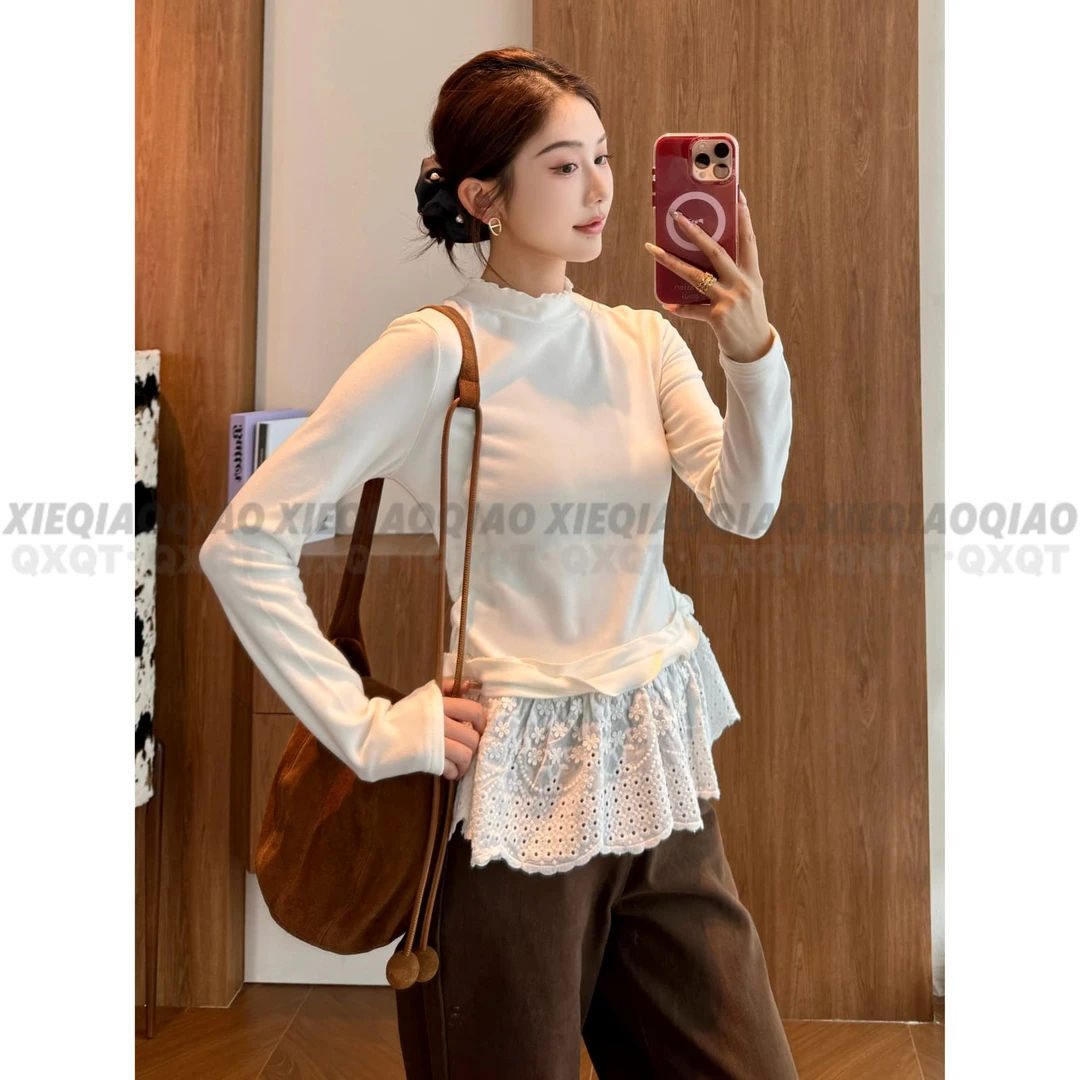 谢荞荞「曼妙如画」秋冬款加厚亲肤人棉拼接高弹收身显瘦中领上衣