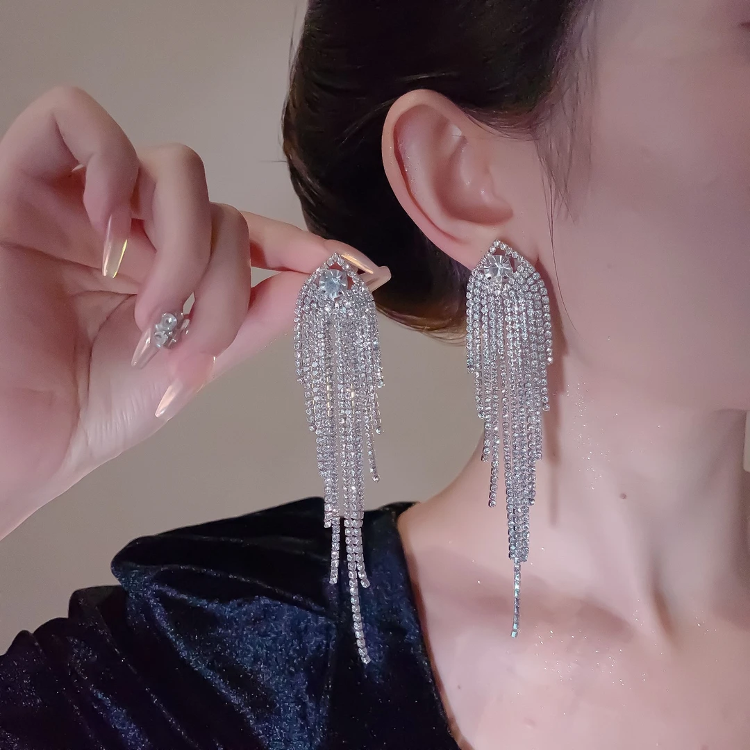 合金耳饰 欧美风长款流苏耳环女 设计气质满钻耳坠小众高级感耳饰