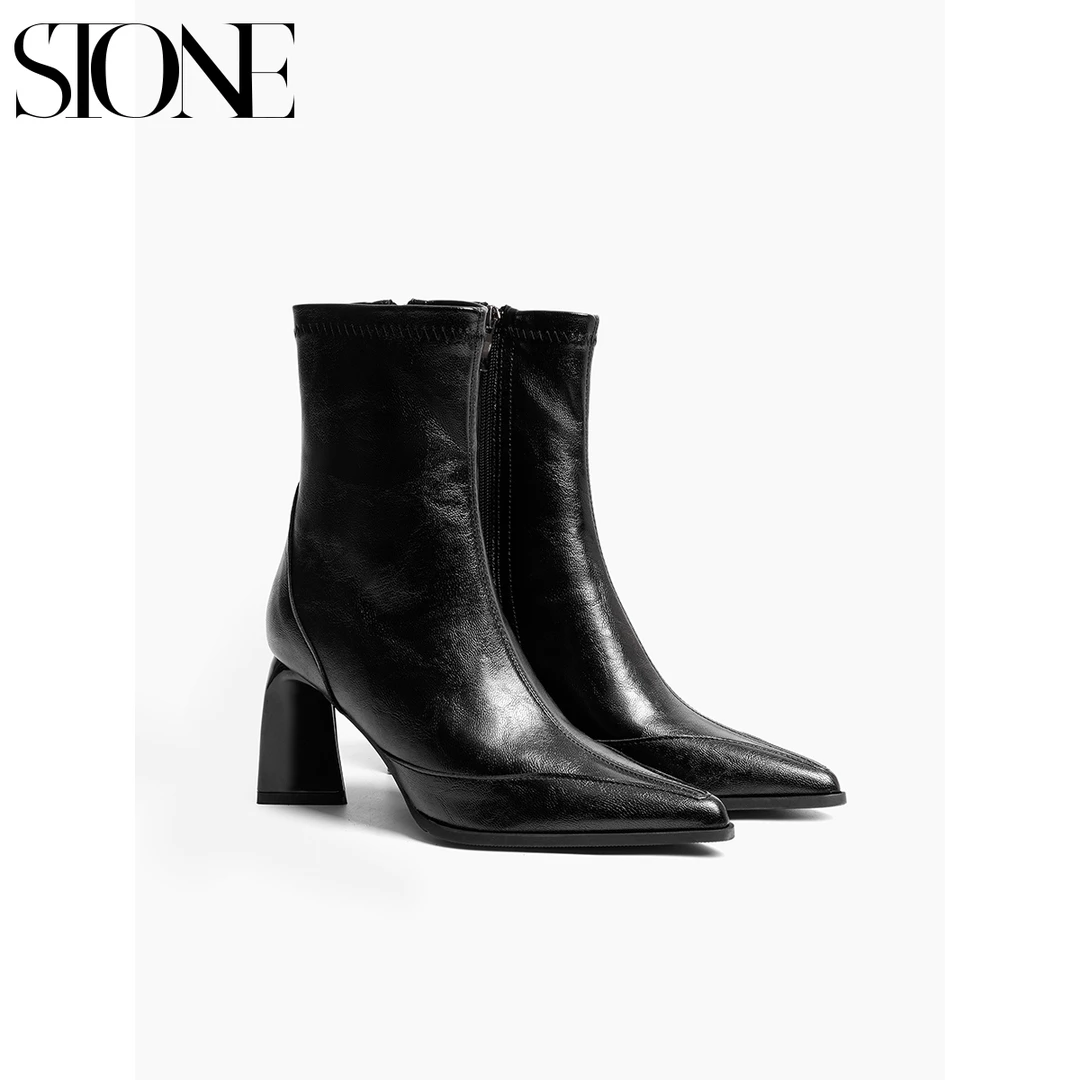 石头家黑色尖头短靴女2025秋冬新款法式高跟弹力瘦瘦靴粗跟马丁靴