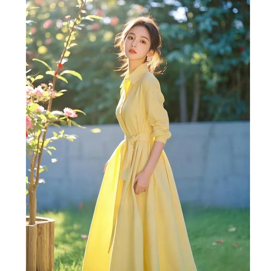 奶黄色衬衫连衣裙2025新款今年流行爆款春装韩系温柔气质休闲长裙