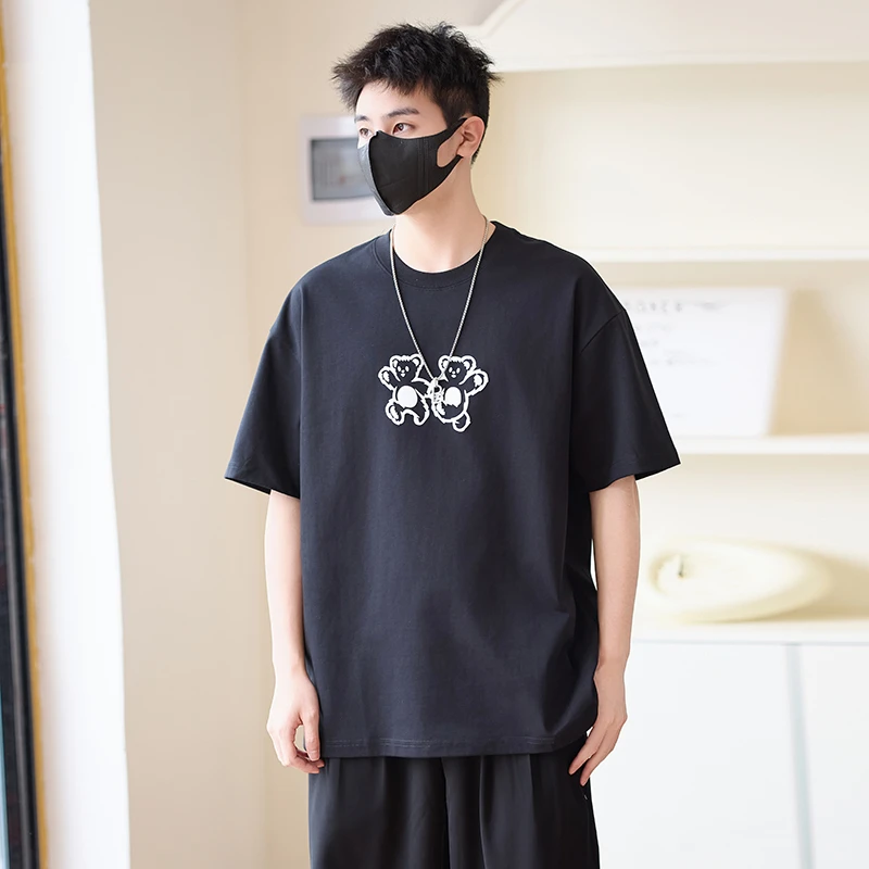 PANDA HOLLEY/熊猫霍利男士夏季百搭宽松印花简约潮流T恤