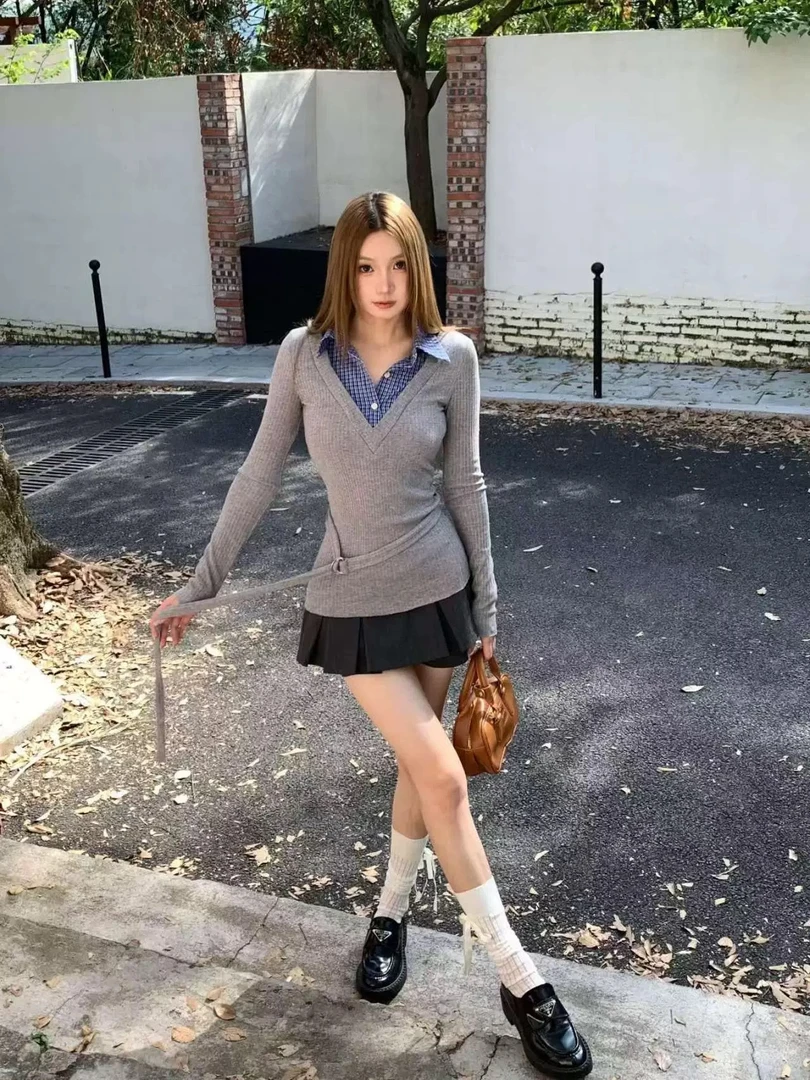 打底 翻领学院假两件(有腰带