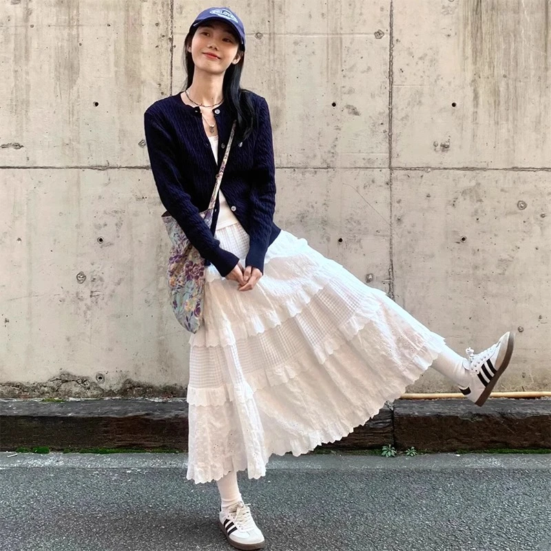 蕾丝蛋糕裙女春秋2025新款高腰显瘦芭蕾风小个子白色a字半身长裙