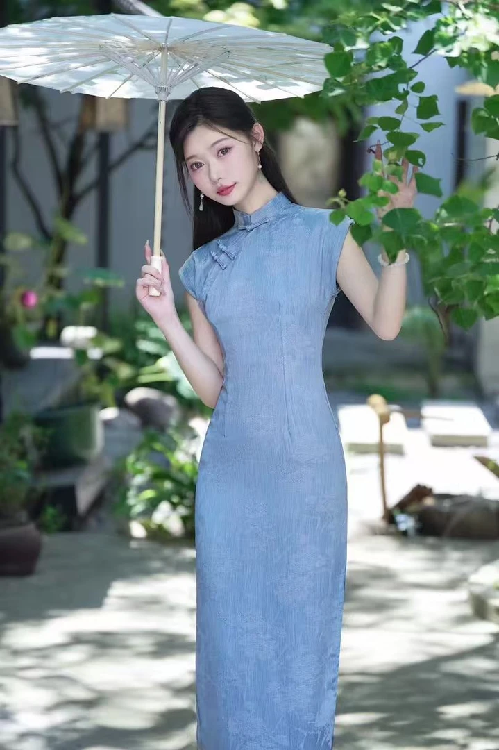 0041 蓝色 单层 提花 （蓝肖）连肩袖 旗袍