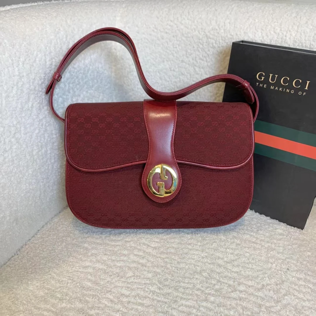 99新 GUCCI/古驰 壹臻/红色中古帆布拼皮马鞍包 95734609