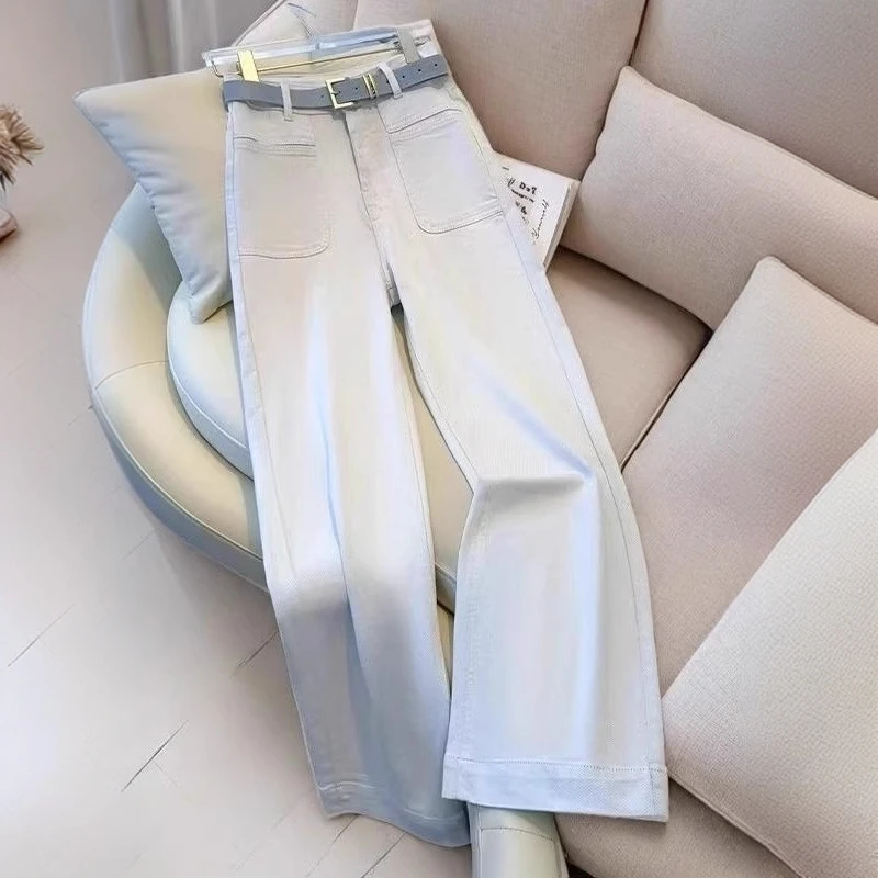 灰白色窄版阔腿牛仔裤女2025新款春秋窄版时尚高腰直筒拖地牛仔裤