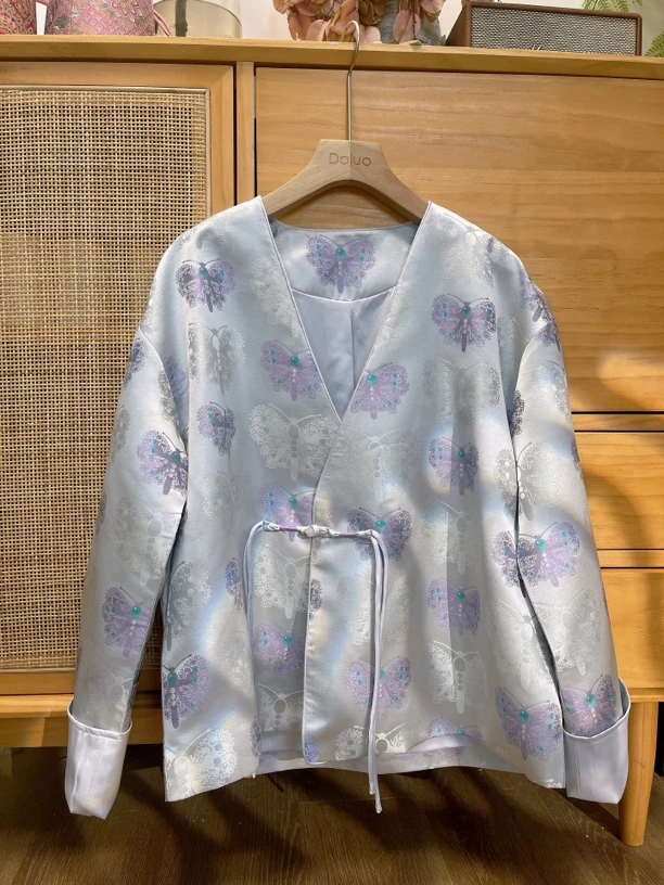 大幂幂同款银紫蝴蝶八达运V领新中式国风宋锦外套合集