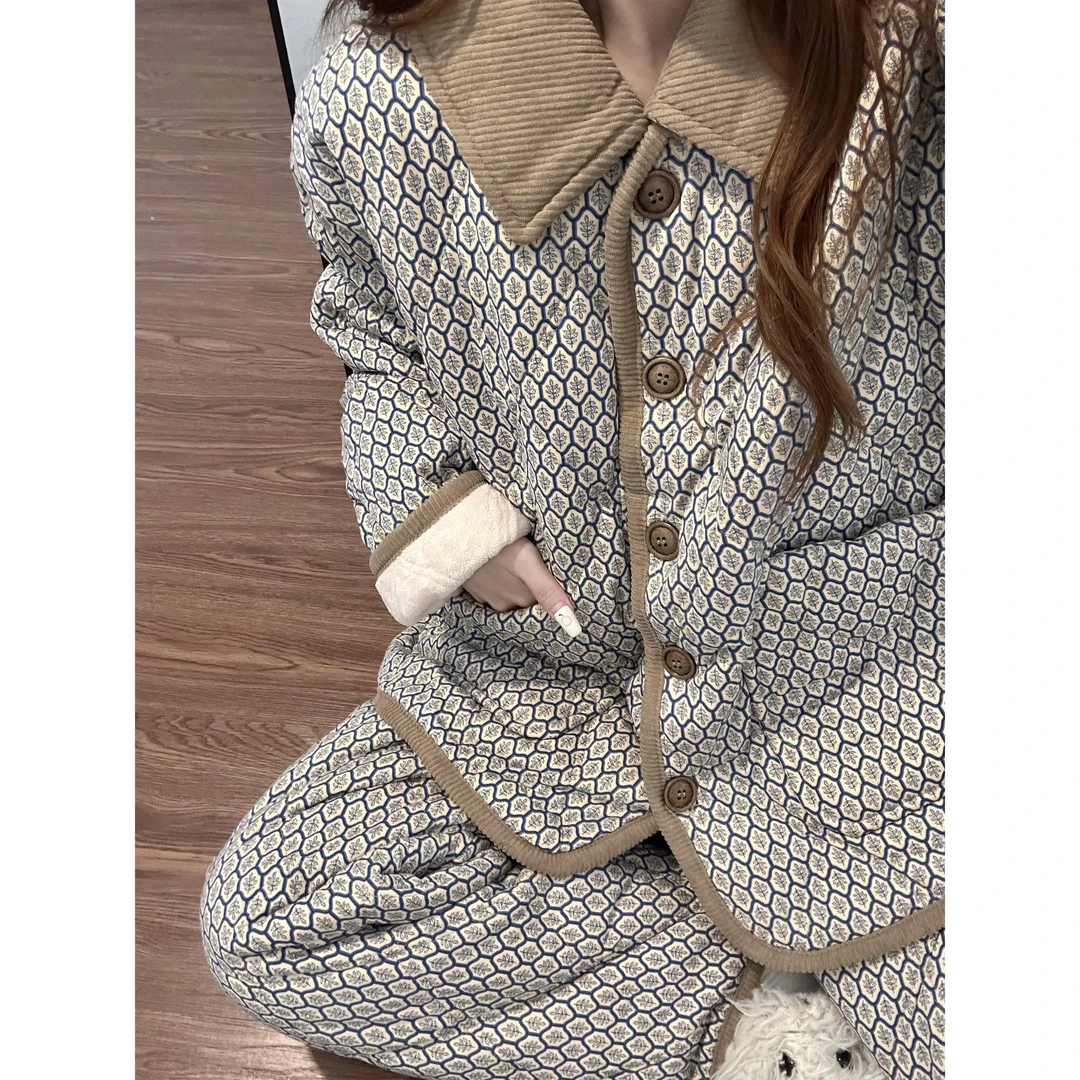高级感穿搭加绒加厚夹棉睡衣女秋冬季翻领棉服外套保暖家居服套装