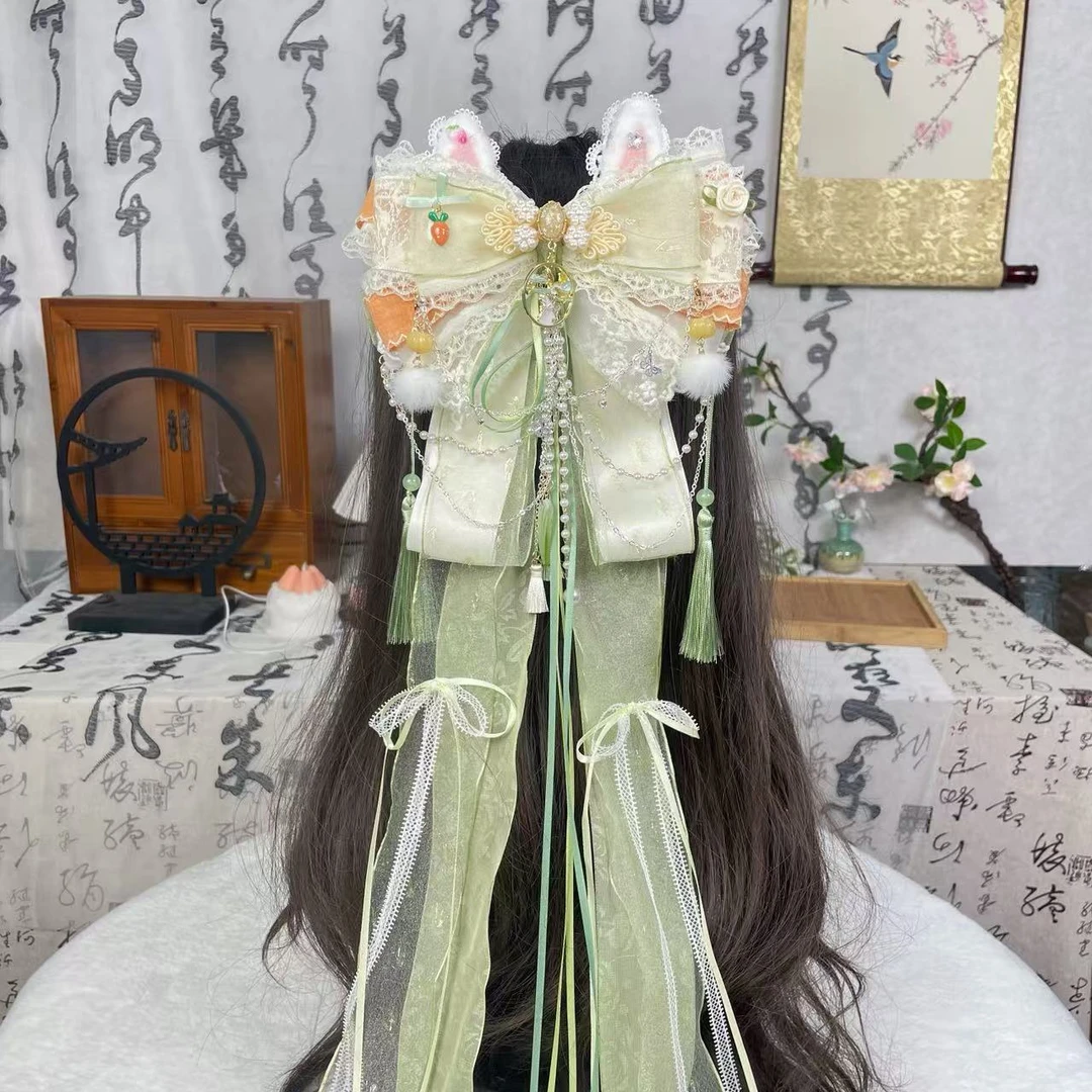 【胡萝卜兔兔】可爱动漫洛丽塔发饰甜妹发夹长飘带弹簧夹