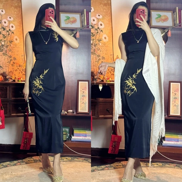 【金竹报喜】微胖国风旗袍复古修身港袍订婚礼服优雅新中式连衣裙