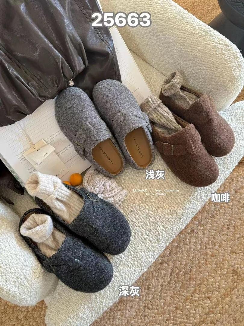 鹿大可 25663毛呢圆头秋冬经典半包休闲日常百搭韩系女鞋博肯半拖