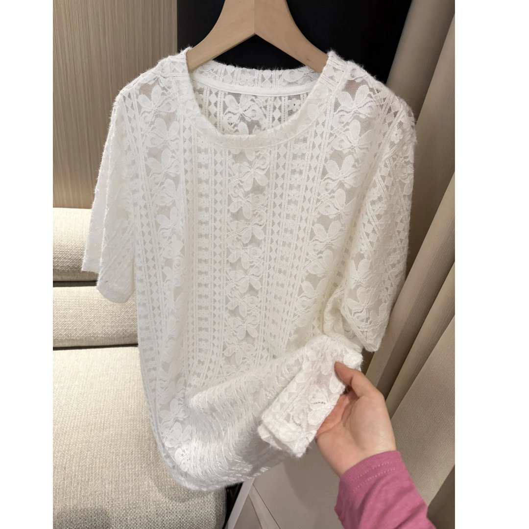 【蜜爷家】法式钩花蕾丝圆领T恤9910#