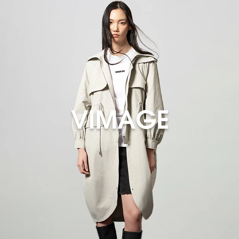 VIMAGE纬漫纪休闲风衣外套中长款收腰连帽风衣V1804403