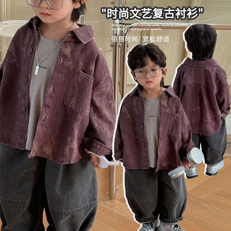 美雅雅《春上新》韩版男童女童翻领长袖24QL997衬衣新款中小童上衣