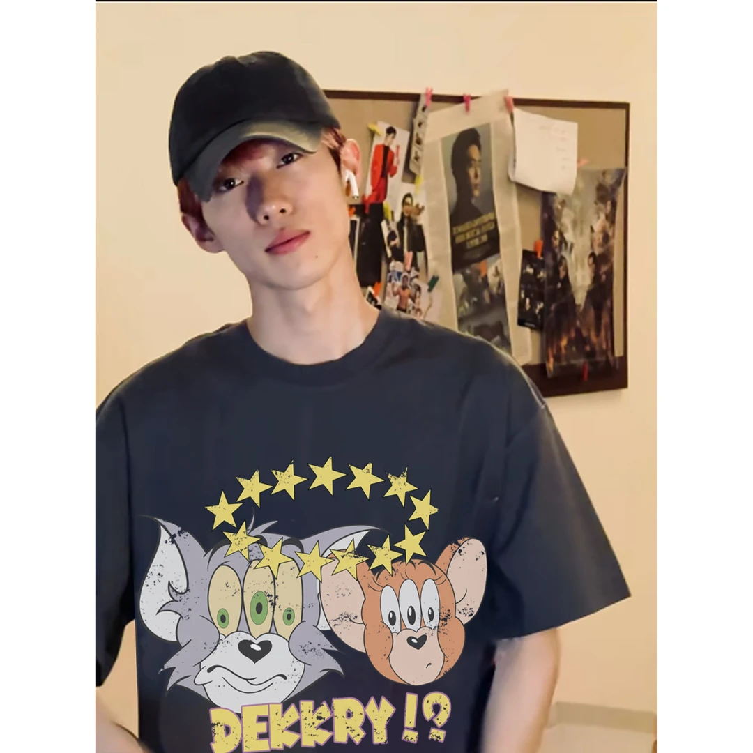 100%纯棉美式卡通猫和老鼠印花短袖T恤男女夏季宽松休闲情侣上衣