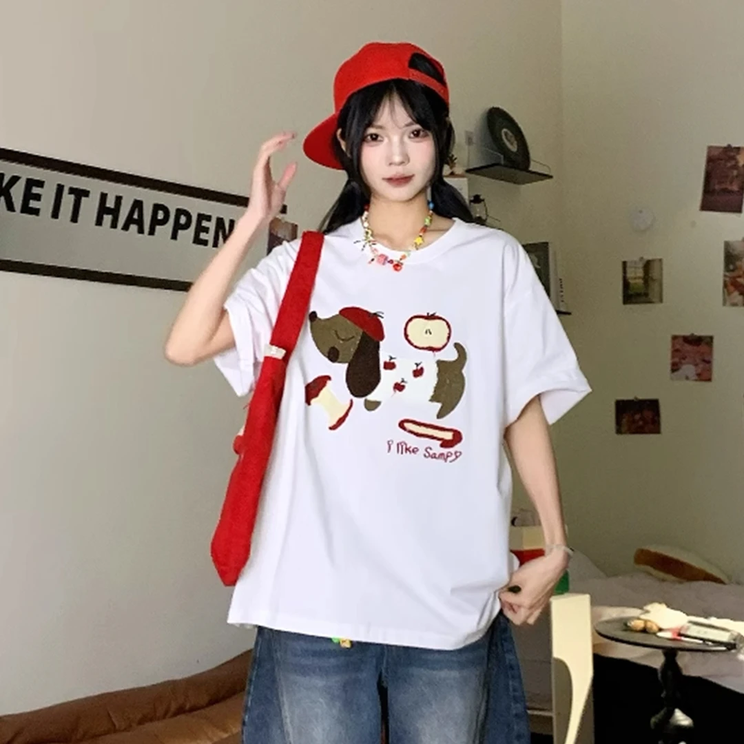 300斤大码女装美式复古趣味可爱上衣胖mm苹果腊肠狗刺绣短袖T恤