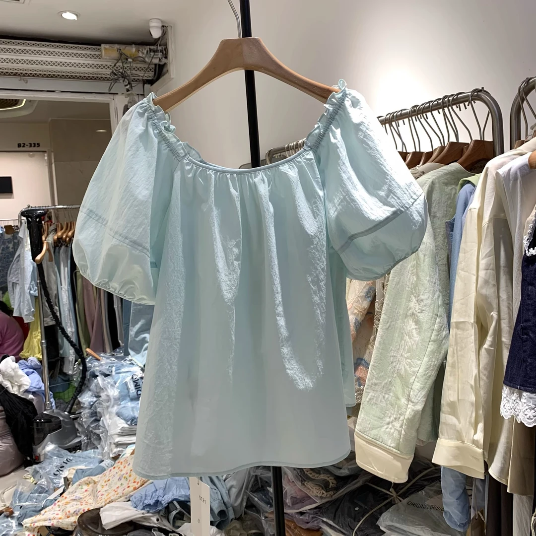 韩系白色短袖一字方领衬衫女夏季新款宽松百搭泡泡袖上衣娃娃衫