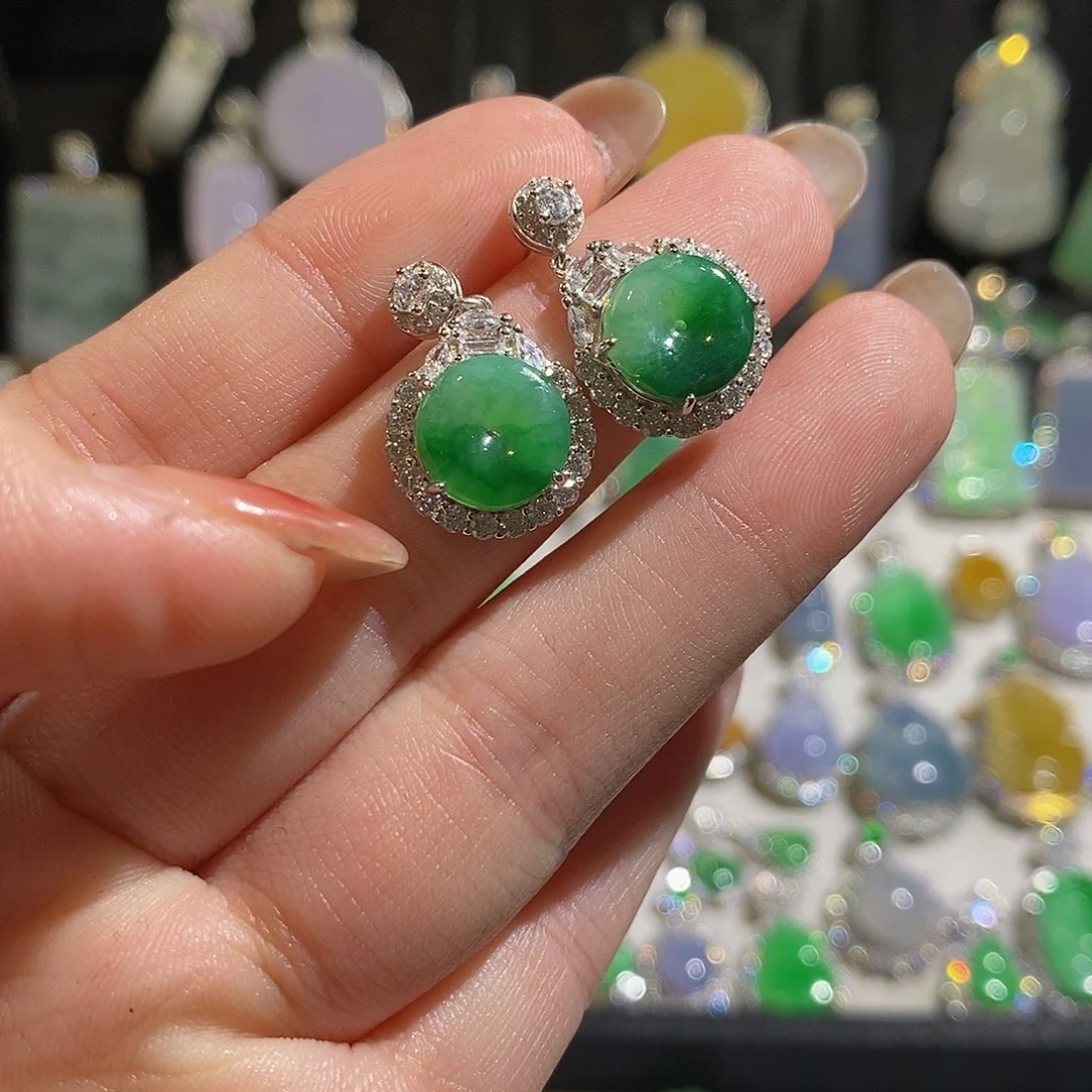 翡翠耳饰银S925镶嵌天然翡翠