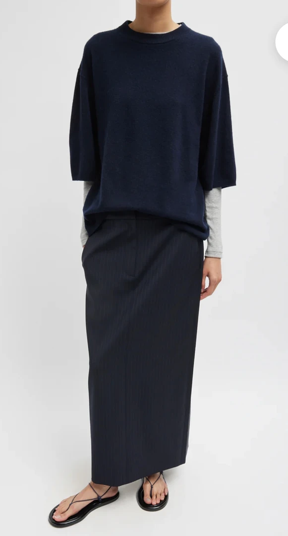 TIBI藏青色条纹西装直筒裙蓝色时尚休闲百搭